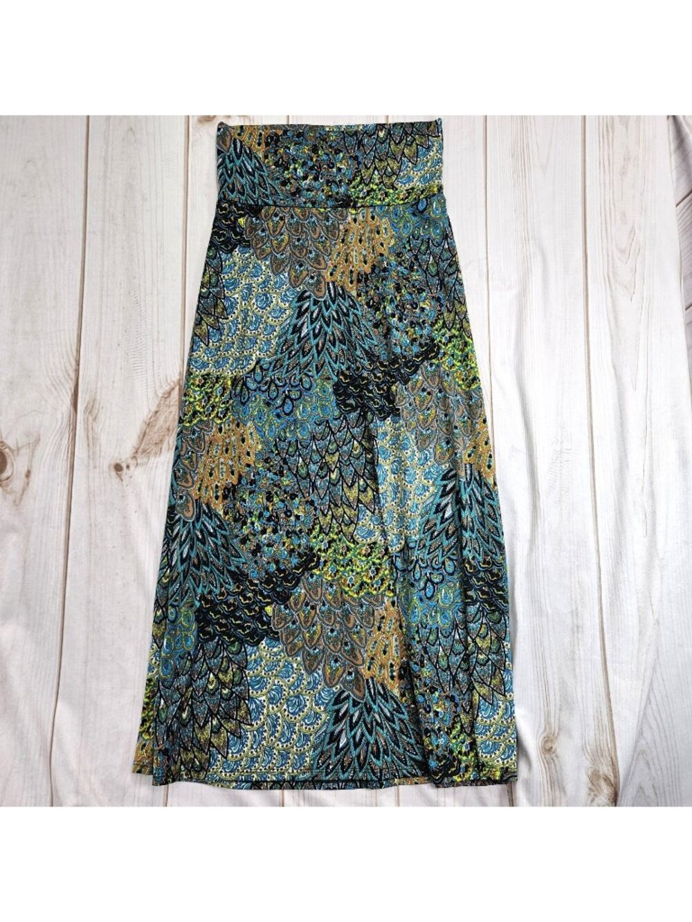Azules Y2K Boho Paisley Peacock Foldover Maxi Skirt Women Size L Festival Hippie